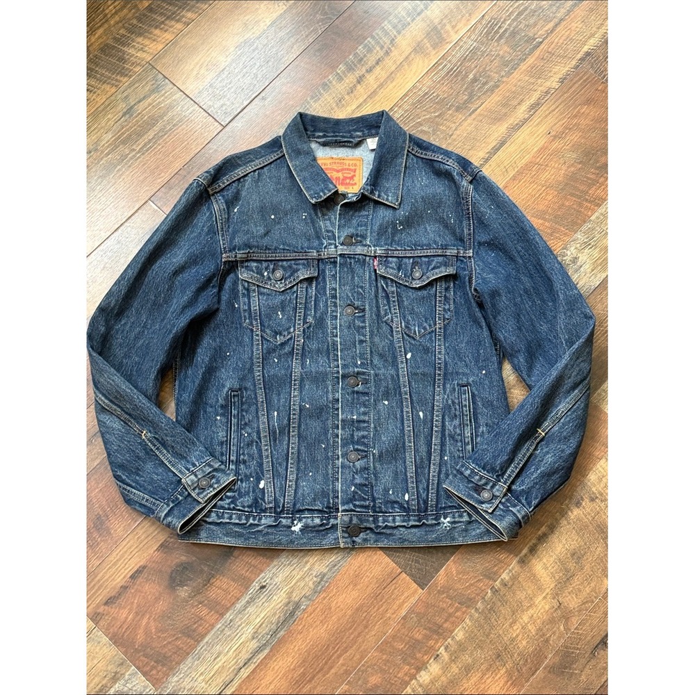 Levi's Dark Wash Paint Splatter Trucker Denim Jacket Size Large
